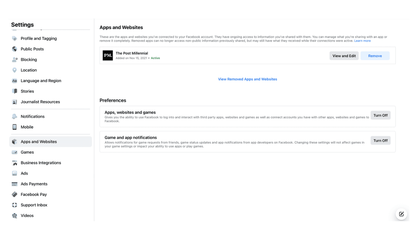 Step 1: Facebook Settings, Apps and Websites, showing The Post Millennial with a Remove button