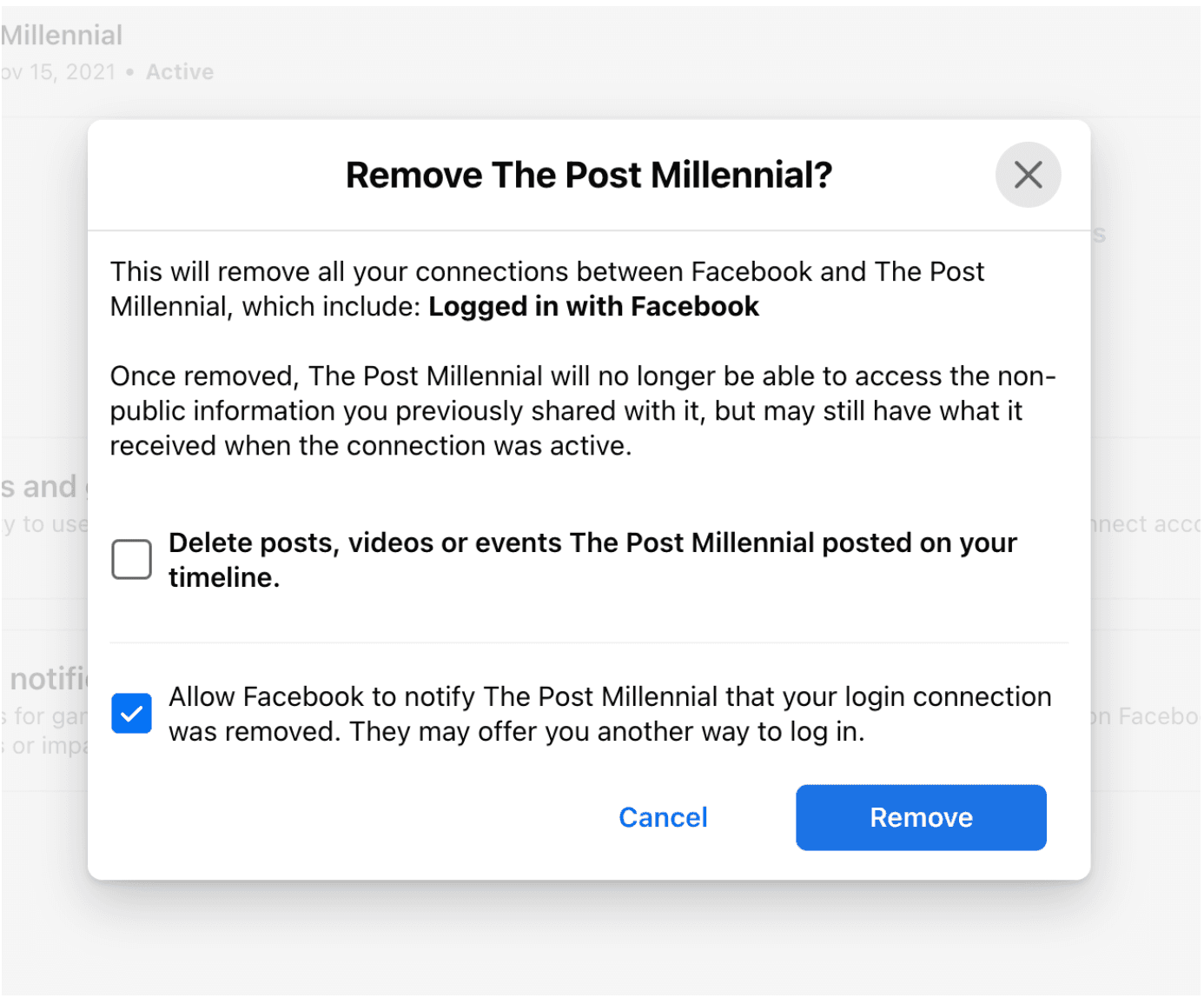 Step 2: the “Remove The Post Millennial?” confirmation pop-up with its Remove button