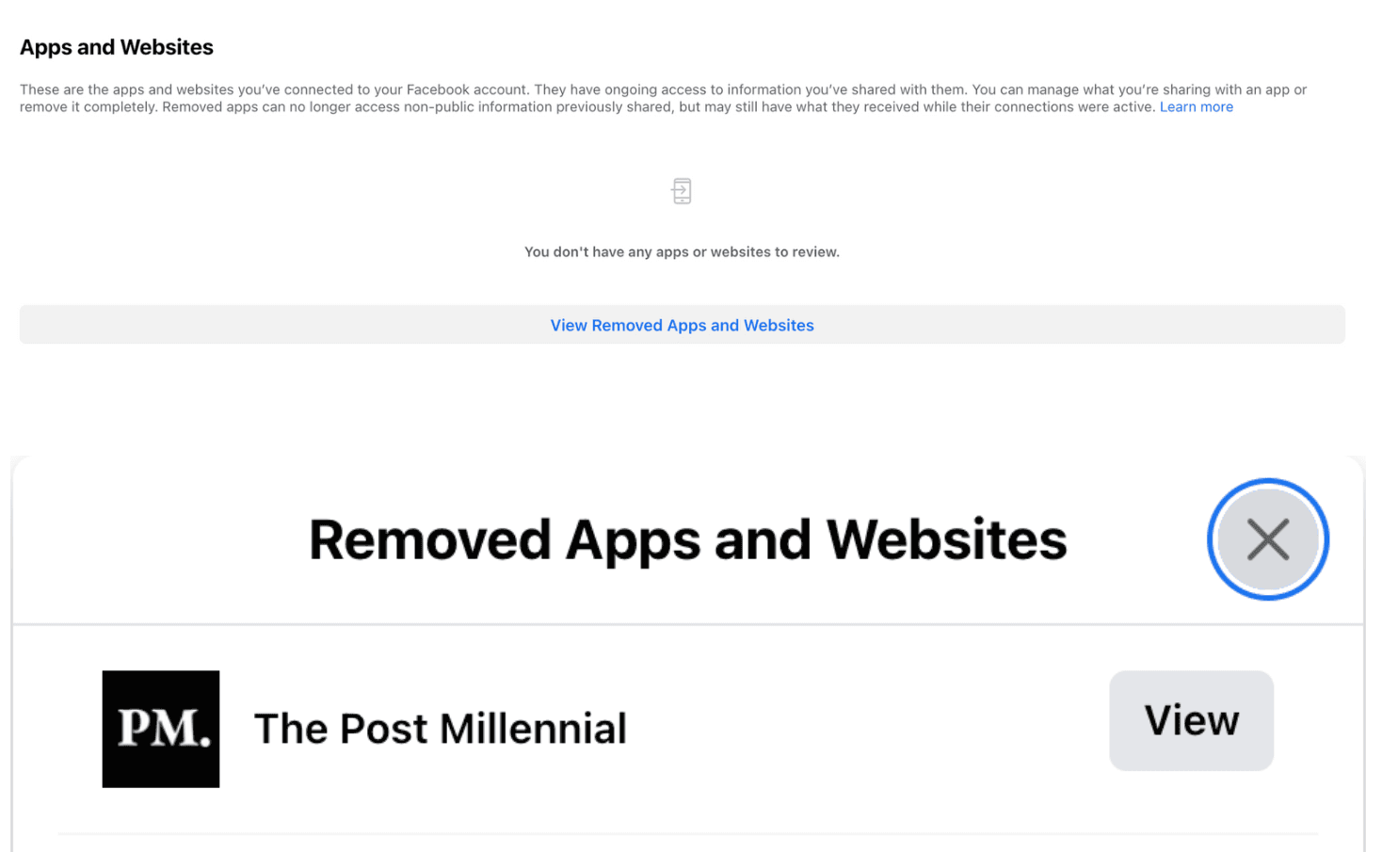 Step 3: Facebook’s removed apps and websites list, with a View button beside The Post Millennial