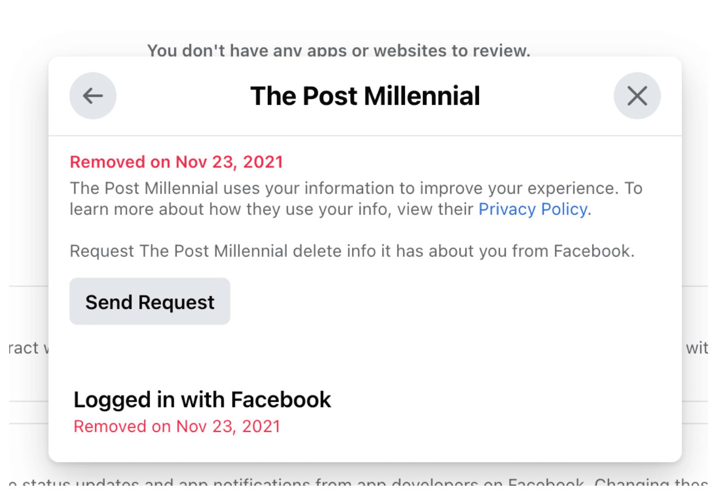 Step 4: the Send Request button that asks The Post Millennial to delete your data